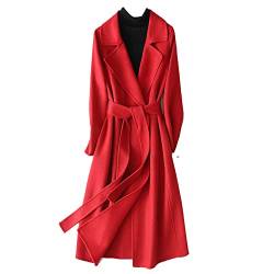 Damen 100% Wollmantel Vintage Dicker Solid Kaschmir Übermantel Schärpen Lange Outwear, rot, Large von Mornattt