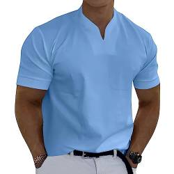 Herren Gentlemans Business T-Shirt Kurzarm Fitness Muskel T-Shirt V-Ausschnitt Gym Tee Mode Workout Freizeit Shirts, Blau, L von MorwenVeo
