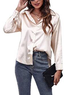 Morydal Bluse Damen Lässiges Hemd mit V-Ausschnitt Lockere Einfarbig Seidenhemd Langarmshirt Oberteil Elegant Satin Hemd mit Knopf Champagnerfarben S von Morydal