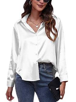 Morydal Bluse Damen Lässiges Hemd mit V-Ausschnitt Lockere Einfarbig Seidenhemd Langarmshirt Oberteil Elegant Satin Hemd mit Knopf Champagnerfarben XXL von Morydal