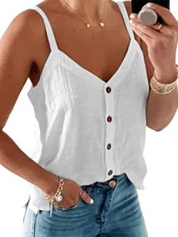 Morydal Damen Casual Cotton Linen Buttons Vest Tops Camisole Women Summer Sleeveless V Neck Top Strappy Tank Tops Cami Vests, weiß, X-Large von Morydal