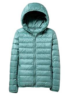 Morydal Damen-Daunenjacken mit Kapuze, durchgehender Reißverschluss, leichte Pufferjacke, einfarbig, lässig, Winter, warmer Mantel mit Taschen, grün, 52 von Morydal