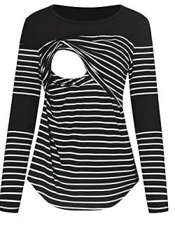 Morydal Damen Langarm Stilloberteile Schwangerschaft Mutterschaft Gestreiftes Stillen T-Shirt Tunika Tee Top Bluse, Schwarz (gestreift), M von Morydal