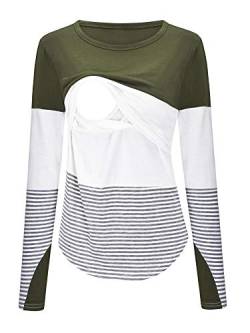 Morydal Damen Langarm Stilloberteile Schwangerschaft Mutterschaft Gestreiftes Stillen T-Shirt Tunika Tee Top Bluse, armee-grün, M von Morydal