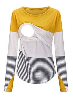 Morydal Damen Langarm Stilloberteile Schwangerschaft Mutterschaft Gestreiftes Stillen T-Shirt Tunika Tee Top Bluse, gelb, Small von Morydal