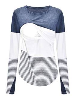 Morydal Damen Langarm Stilloberteile Schwangerschaft Mutterschaft Gestreiftes Stillen T-Shirt Tunika Tee Top Bluse, marineblau, Small von Morydal