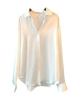 Morydal Damen Satin Hemdbluse Langarm Botton Down Elegante Bluse V Ausschnitt Seidenhemd Casual Damen Büro Arbeit Tops, #3 Weiß, X-Large von Morydal