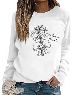 Morydal Damen Sweatshirts Blumenmuster Langarmshirt Rundhals Sweatshirts Pullover Statement Edition Langarm Shirt Women Weiß M von Morydal