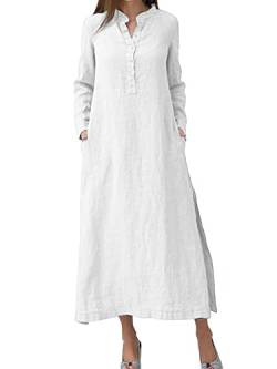 Morydal Langärmeliges Maxikleid für Damen, Kaftan, Baumwolle, Leinen, einfarbig, Casaul, Übergröße, lange Kleider, weiß, XX-Large von Morydal