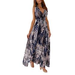 Mosestons Böhmisches Kleid für Damen, Lässiges Sexy Sommerkleid, ärmelloses Strandpartykleid,Blau,L von Mosestons