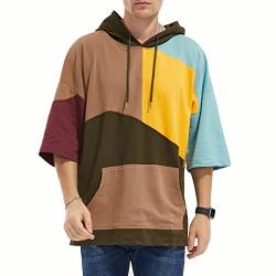 Moshtashio T-Shirt Herren Kapuzenpullover Sweatshirt Baumwolle Kurzarm mit Kapuze Patchwork Pullover mit Kontrastfarbe Unisex Frühling Sommer Herbst (Khaki,XL) von Moshtashio