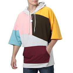 T-Shirt Herren Kapuzenpullover Sweatshirt Baumwolle Kurzarm mit Kapuze Patchwork Pullover mit Kontrastfarbe Unisex Frühling Sommer Herbst (Rosa,M) von Moshtashio