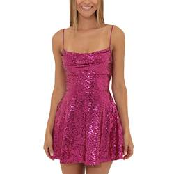 Damen Minikleid mit glitzernden Pailletten, ärmellos, plissiert, A-Linie, Cami, kurzes Kleid, Spaghettiträger, Raffhalter, Club-Partykleid, A-Rose rote Pailletten, Small von Mosiolya