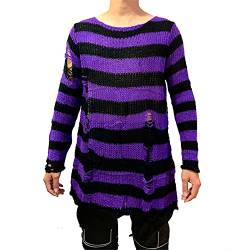 Damen Mode Ripped Oversized Sweater Gestreifter Druck Langarm Aushöhlen Pullover Top (Long Purple, One Size) von Mosiolya