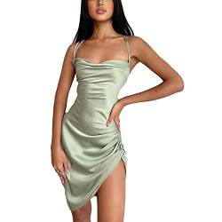 Damen Sexy Riemen Kleid Rüschen Satin Seite Kordelzug Mini Cami Dress (#Lace-up Hellgrün, L) von Mosiolya