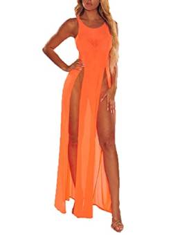 Damen Strandkleid Sexy Perspektive Mesh Bikini Cover Up Sommer Bademode Ärmellos Split Long Dress (Orange, Large) von Mosiolya