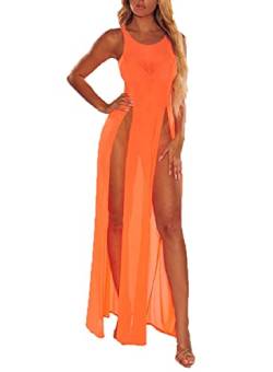 Damen Strandkleid Sexy Perspektive Mesh Bikini Cover Up Sommer Bademode Ärmellos Split Long Dress (Orange, Medium) von Mosiolya