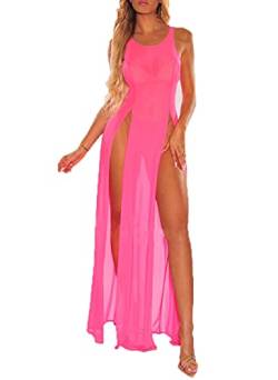 Damen Strandkleid Sexy Perspektive Mesh Bikini Cover Up Sommer Bademode Ärmellos Split Long Dress (Rosenrot, Small) von Mosiolya