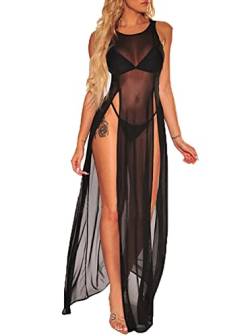 Damen Strandkleid Sexy Perspektive Mesh Bikini Cover Up Sommer Bademode Ärmellos Split Long Dress (Schwarz, Large) von Mosiolya