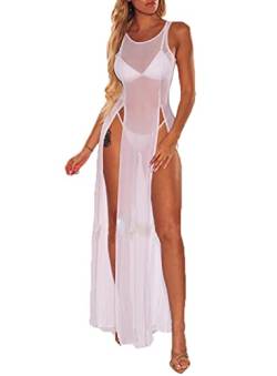 Damen Strandkleid Sexy Perspektive Mesh Bikini Cover Up Sommer Bademode Ärmellos Split Long Dress (Weiß, Medium) von Mosiolya