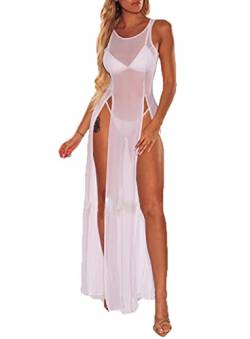 Damen Strandkleid Sexy Perspektive Mesh Bikini Cover Up Sommer Bademode Ärmellos Split Long Dress (Weiß, Small) von Mosiolya