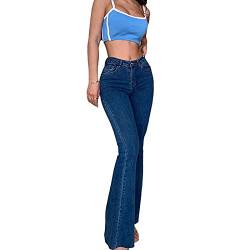 Damen Vintage Denim Bell Bottom Hose Einfarbige Hohe Taille Gerippt Skinny Jeans (B-Dunkelblau, Medium) von Mosiolya