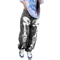 Mosiolya Damen Punk Gothic Y2K Jeans High Rise Wide Leg Baggy Denim Pants Vintage Skelett Muster Emo Hose, A-schwarz grau, XL von Mosiolya