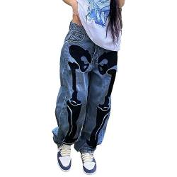 Mosiolya Damen Punk Gothic Y2K Jeans High Rise Wide Leg Baggy Denim Pants Vintage Skelett Muster Emo Hose, A-tiefes Blau, M von Mosiolya