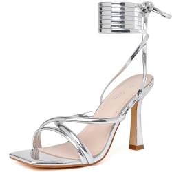 Mostrin Weiße Riemchen-Absätze für Frauen Schnürschuhe Tie Up Stiletto High Heeled Sandalen Square Open Toe Heels für Abschlussball, Party, silber, 39 EU von Mostrin