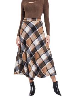 Damen Retro High Taille Rock Gitter Wollen Herbst und Winter Neu Plissierte Hohe Taille In Den Langen Rock großen Swing Rock A-Line (M, Khaki Plaid) von Moviendress