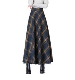 Damen Retro High Taille Rock Gitter Wollen Herbst und Winter Neu Plissierte Hohe Taille In Den Langen Rock großen Swing Rock A-Line (M/Gummizug in der Taille 68 cm, Dunkelblaues Plaid) von Moviendress