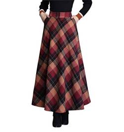 Damen Retro High Taille Rock Gitter Wollen Herbst und Winter Neu Plissierte Hohe Taille In Den Langen Rock großen Swing Rock A-Line (M/Gummizug in der Taille 68 cm, Rotes Gitter) von Moviendress