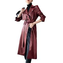Langer Trenchcoat aus Leder für Damen, langärmelig, britischer Stil, zweireihiger Übermantel, burgunderrot, 46 von Mowaaey