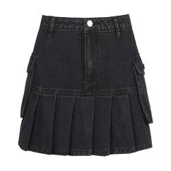 Mowaaey Jeans Minirock Denim Faltenröcke mit großen Taschen Frauen Mädchen Sommer Schwarz Hohe Taille Koreanische Mode, Schwarz , XXXL von Mowaaey