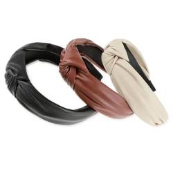 3 Stück Haarreifen Damen Haarbänder Breit Kopfband PU Leder Haarreifen Retro Stirnband Gedrehter Knoten Elastische Stirnbänder Vintage Haarbandana für Yoga Sport Frauen Mädchen von Mozeat Lens