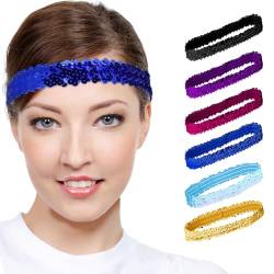 6 Stück Elastisch Haarbänder Glitzer Stirnbänder Pailletten Stirnband Verstellbare Haarband Bunt Glitzerndes Kopfbedeckung für Frauen und Mädchen Party Deko von Mozeat Lens