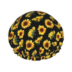Mqgmz Sonnenblumen-Duschhaube für Damen, schwarz, gelb, leicht, weich und wiederverwendbar, für langes Haar, atmungsaktiv von Mqgmz