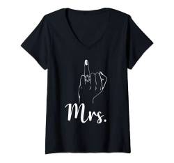 Damen Wife Mrs. Just Married Bride Honeymoon Ehering Finger T-Shirt mit V-Ausschnitt von Mr. And Mrs. Matching Couple Just Married Tees