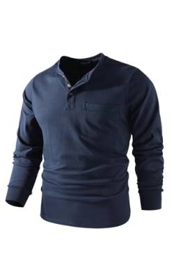 Mr.Stream Herren Henley Shirt Longsleeve Langarmshirt Männer DREI Taste Knopfleiste Baumwolle Beiläufig Hemden Heavyweight T-Shirt mit Grandad-Ausschnitt 888 Blue M von Mr.Stream