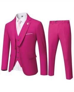 MrSure Herren 3 Stück Anzug Blazer Slim Fit Smoking mit Einem Knopf Jacke Weste Hose Krawatte Set für Party, Hochzeit und Business, Fuchsia, XS von MrSure