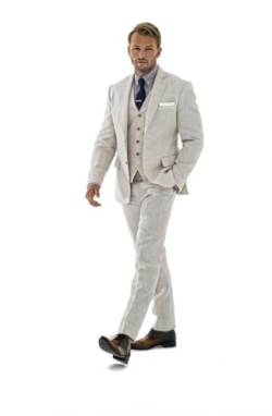 Herren 3 Stück Leinen Anzug Casual Slim Fit Anzüge Retro Hochzeit Abschlussball Smoking Sommer Strand Party Blazer Weste Hosen Set, Beige, M von Mrkotyin