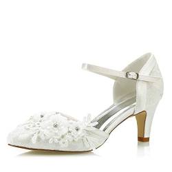 Mrs White 453-4A Damen Hochzeit Schuhe 6cm Kegel Ferse Spitze Satin Diamant Abschlussball Brautschuhe, 38 EU von Mrs White