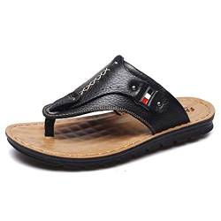 Herren Leder Flip Flops Tanga Sandalen, Herren Zehentrenner Flip Flops Outdoor Sport Strand Sandalen, Sommer Hausschuhe Badelatschen mit Rutschfest Gummisohle (Color : Black, Size : 42EU) von Mrzyzy