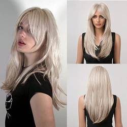 Blonde Wig with Bangs Ash Blonde Wigs for Women Long Slight Curly Layered Synthetic Wig for Daily and Party Wear von Ms Taj