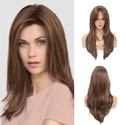 Brown Wigs for Women Long Slight Curly Layered Wig with Fringe Synthetic Wigs for Daily and Party Wear von Ms Taj