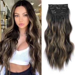 Clip in Hair Extensions 4PCS Long Natural Curly Hair Extension Full Head Black with Highlights Thick Hair Synthetic Hairpieces for Women von Ms Taj