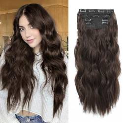 Clip in Hair Extensions 4PCS long natural curly hair extension full head brown Thick Double Weft Hair Synthetic Hairpieces for Women von Ms Taj