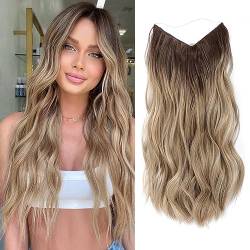 Ms Taj Invisible Secret Wire Extensions 50cm,mit Einstellbarer Größe Ombre Blonde Haarverlängerung Lange Synthetik mit Clips ein Stück lockiges Haarteile für Frauen von Ms Taj