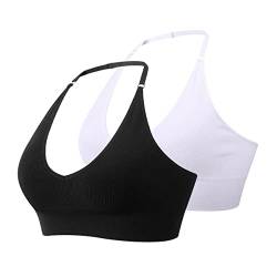 MsAnya Damen Neckholder-BH Top Yoga Bralette Crop Tanks Workout Sport BHs V-Ausschnitt mit verstellbarem Riemen nahtlos gepolstert, Bk+Wht, Medium von MsAnya