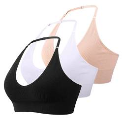 MsAnya Damen Neckholder-BH Top Yoga Bralette Crop Tanks Workout Sport BHs V-Ausschnitt mit verstellbarem Riemen nahtlos gepolstert, Bk+wht+nackt, Medium von MsAnya